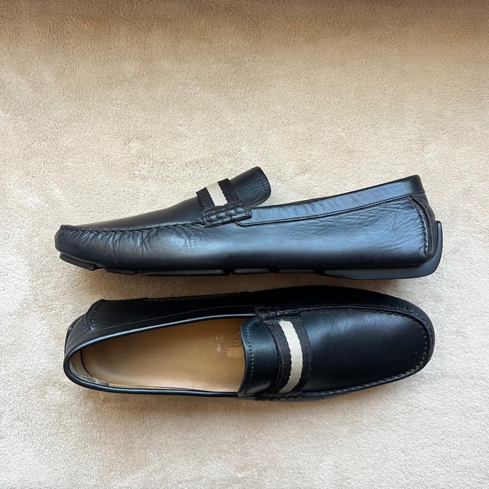 Bally Men 10 Black Leather Striped Driving Loafers Italy Slip On Shoes Old Money